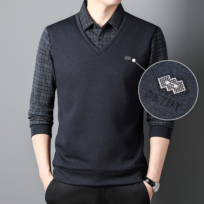 2023autumn and winter fleece-lined thickened fake two-piece sweater long-sleeved T-shirt Korean casual warm sweater men's fashion