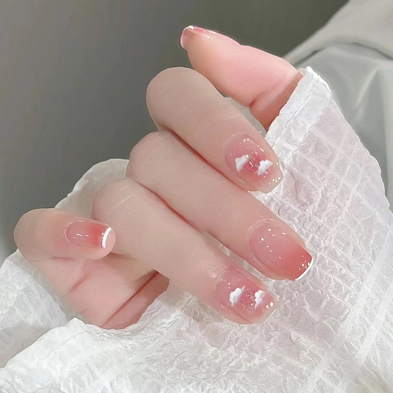 Nail Patch Wholesale White Edge French Wear Armor Pink Blush Clouds Pure Want to Wear Armor Nail Patch Finished Products