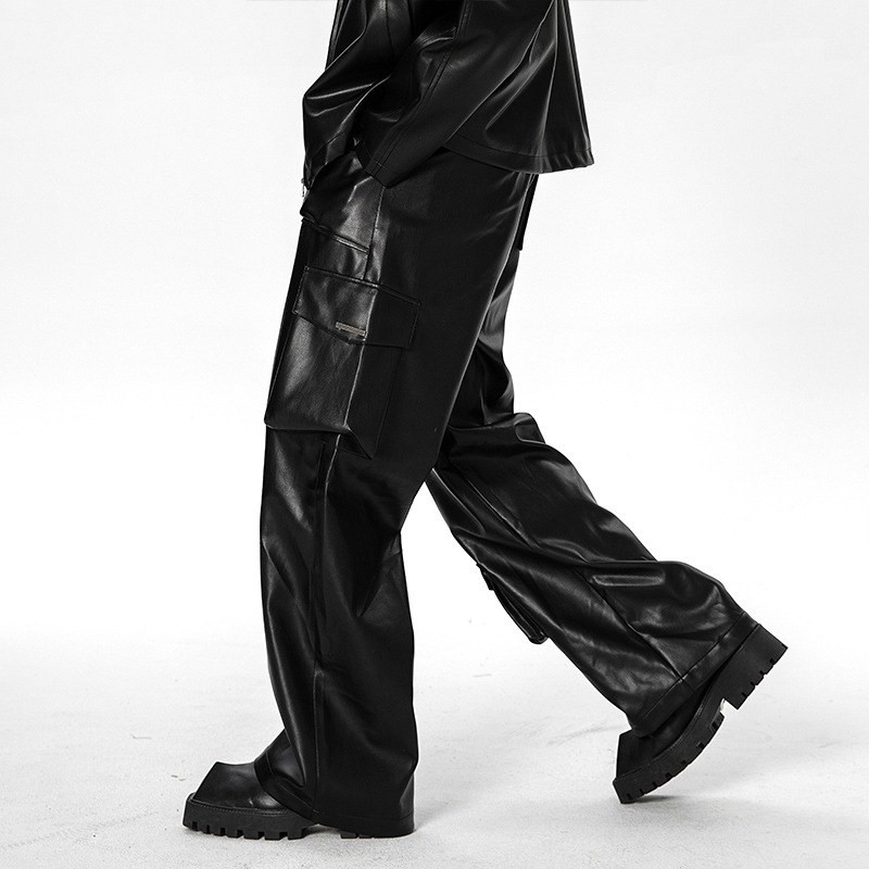 American Style Retro Street PU Leather Pants Men's Autumn Fashion Brand Loose Multi-Pocket Functional Straight Casual Overalls
