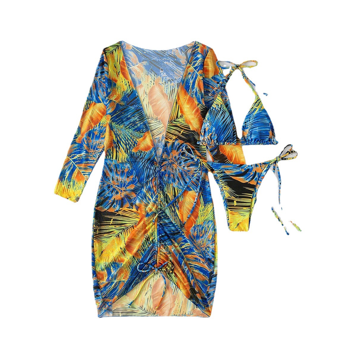 2023 European and American Foreign Trade Swimsuit Women's Split Three-Piece Set Three-Point Long-Sleeved ins Blouse Internet Celebrity Cross-Border Drawstring Pack