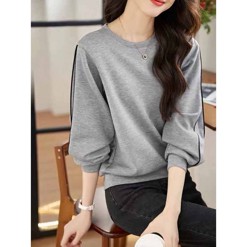 Plus size simple texture sweater women's loose 2022 autumn new contrast color stitching long sleeve all-match T-shirt top