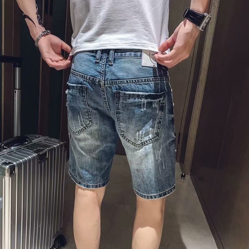 2022 new summer ripped Denim shorts men's Korean-style fashion brand half-length pants scraping personality beggar middle pants