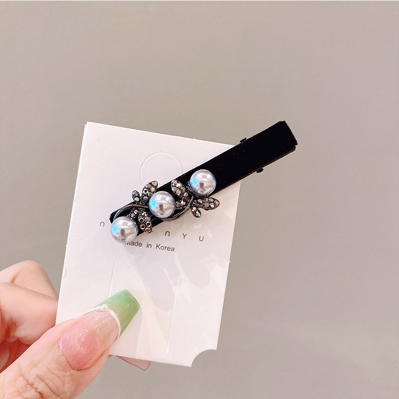 Rhinestone velvet black bangs clip high-grade side clip duckbill clip  style back head Pearl Rhinestone hairpin_voghion.com