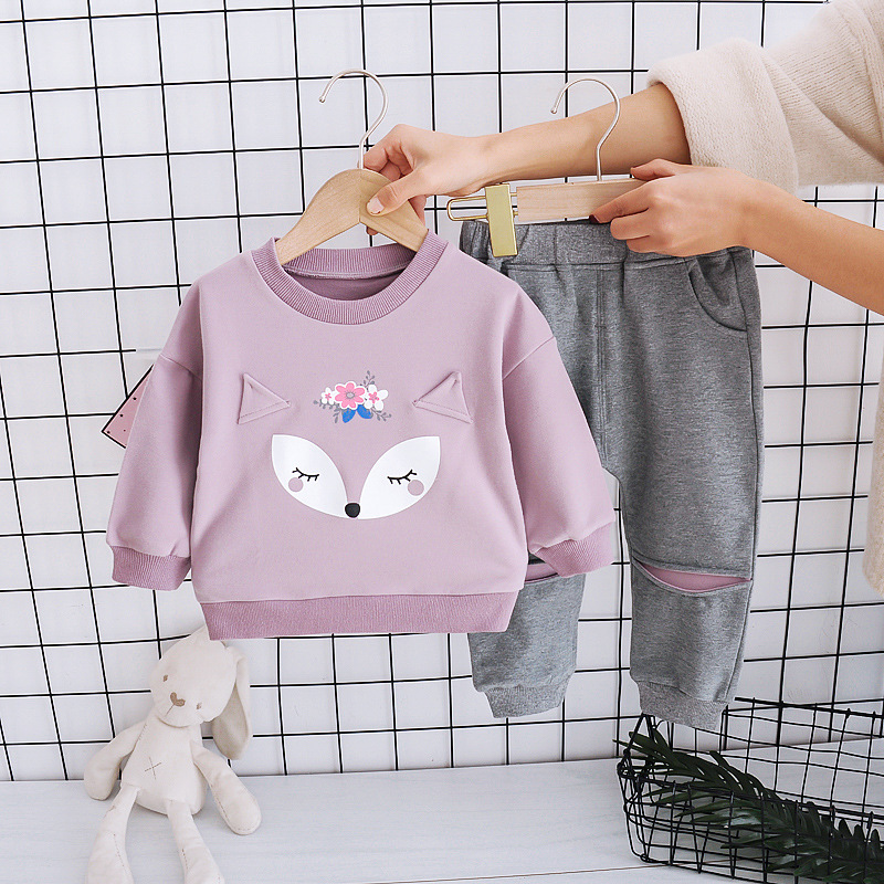 Girls Spring and Autumn Suit Spot Women's Baby Cotton Pullover Pants Suit Cartoon Children's Clothing Children's Western Style Suit