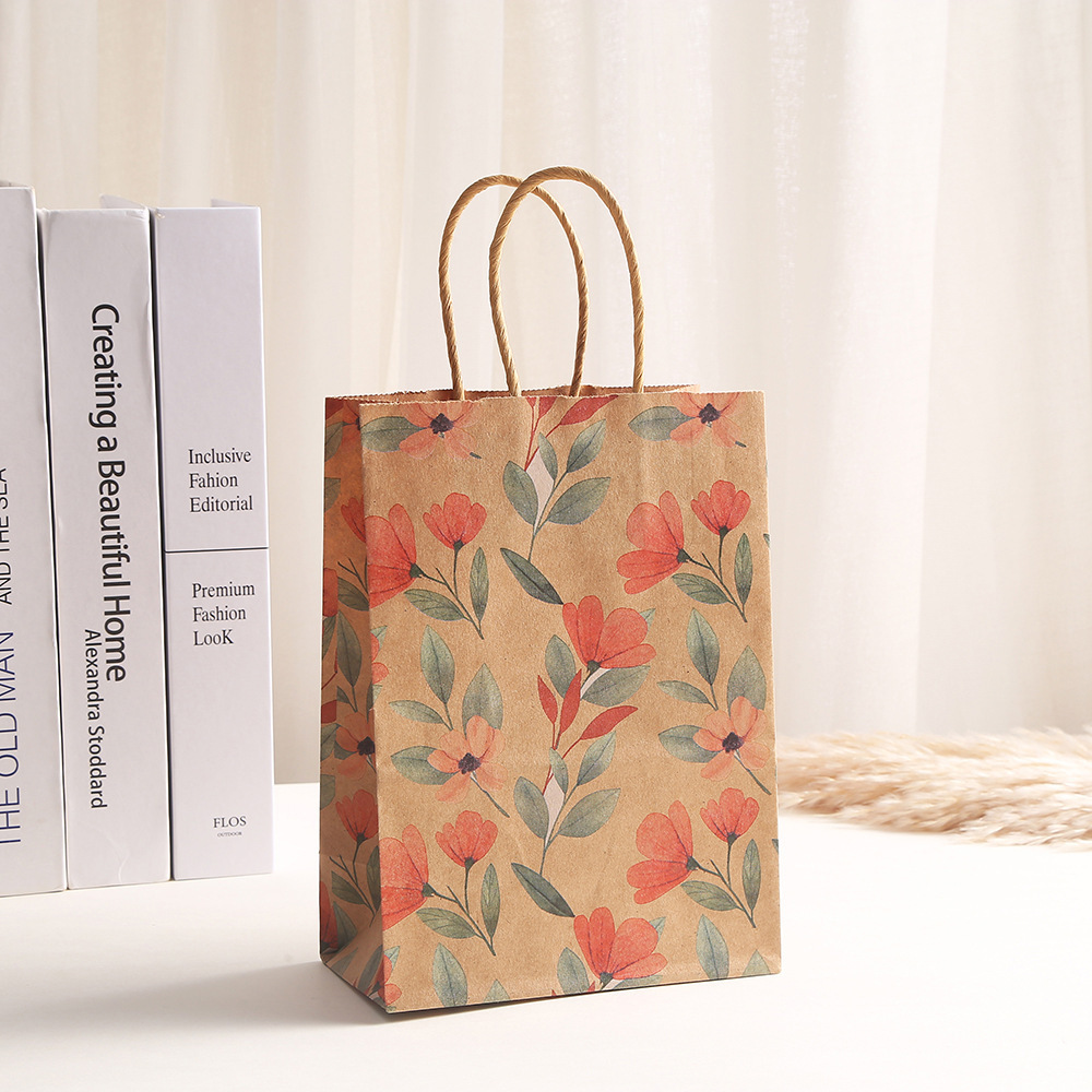 Flowers and plants Kraft paper bag vintage American printing portable paper bag cross-border in stock wholesale shopping bag party bag wholesale