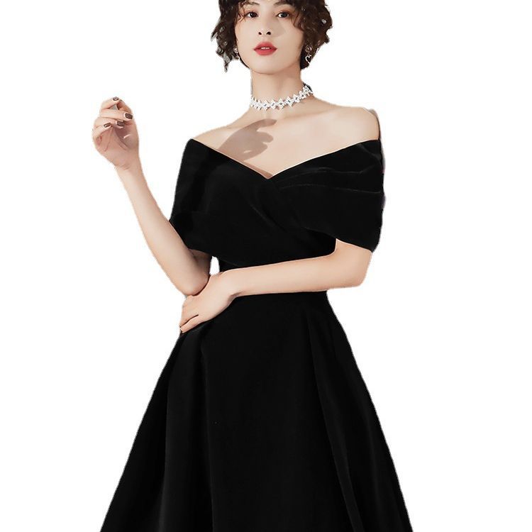 Black Evening Dress Dress Women's Slimming plus size off-shoulder Banquet Elegant Fashion Annual Meeting Dress Long Small Summer