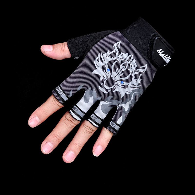 Half Finger Gloves Men's and Women's Autumn and Winter Sports Riding Breathable Fleece-Lined Children's Finger Half Warm Non-Slip Wolf Head Gloves