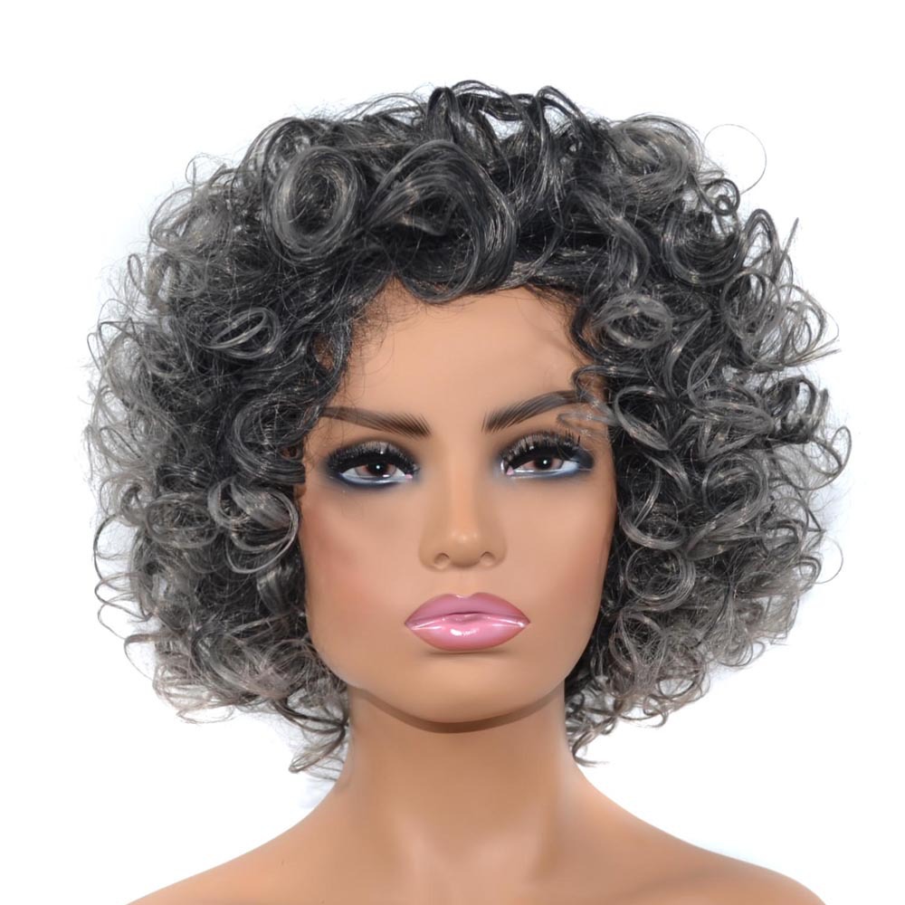 Black silver gray head cover short wig head cover micro-roll chemical fiber explosive head fluffy curly hair cover wholesale