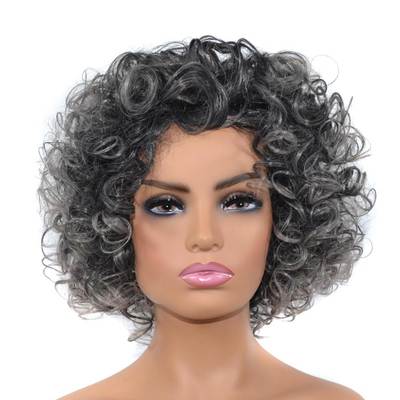 Black silver gray head cover short wig head cover micro-roll chemical fiber explosive head fluffy curly hair cover wholesale