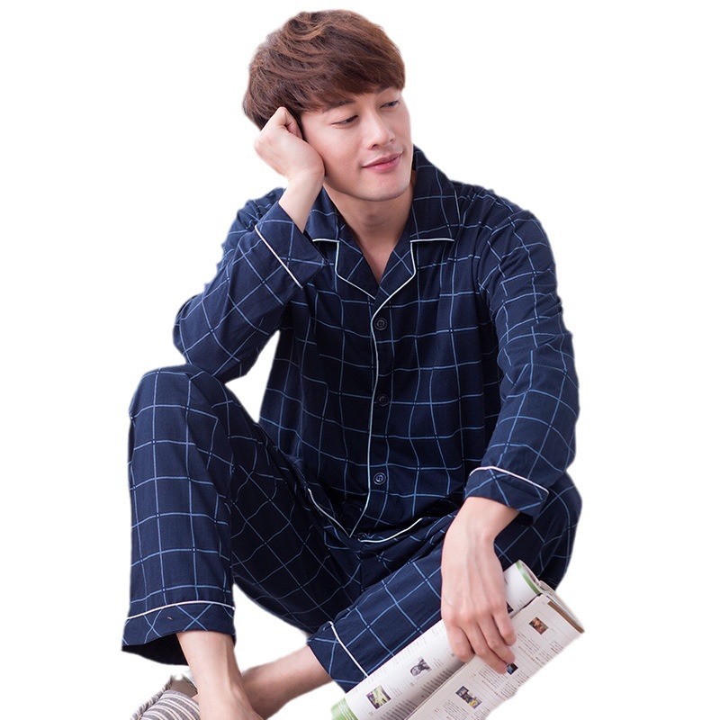 100% cotton pajamas men's long-sleeved spring and autumn Plaid casual plus size winter men's homewear suit