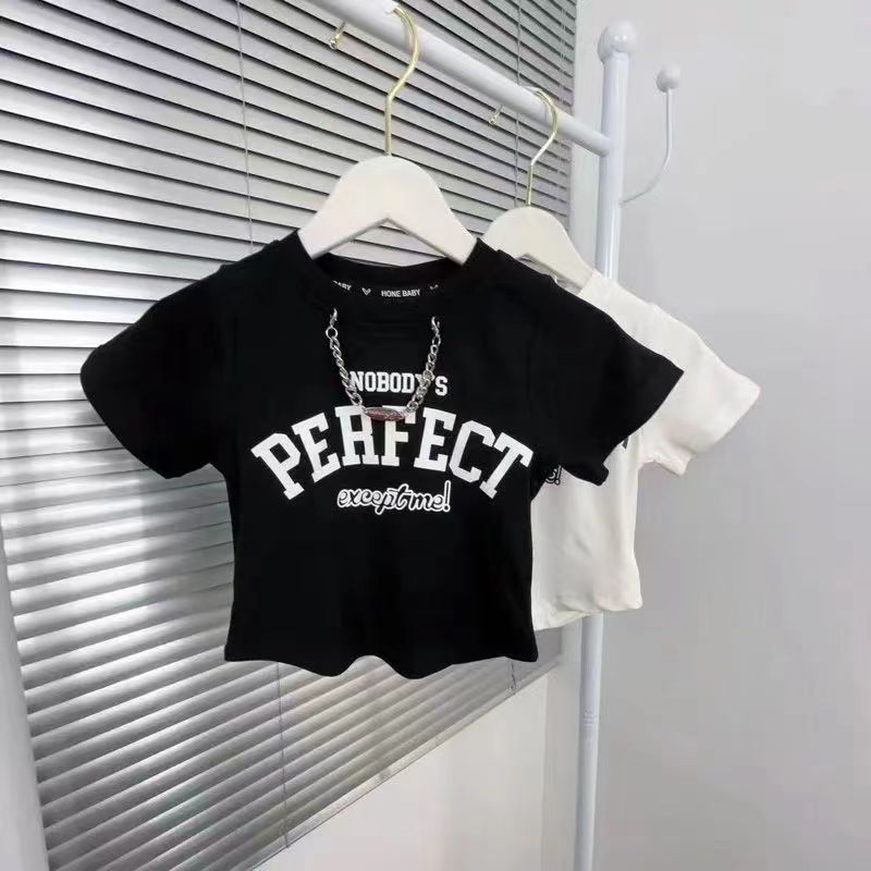 Summer Girls Short Sleeve T-Shirt Baby Chic Children's Personality Trendy Brand Korean Style Letter Chain Hong Kong Style Fashionable Top 