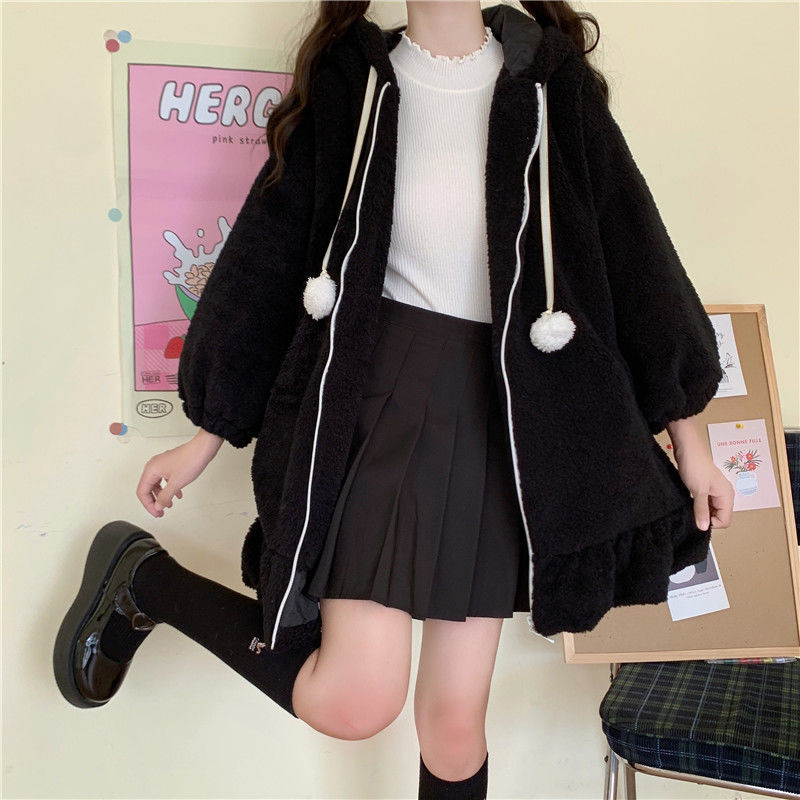 Japanese Style Cute Rabbit Ears and Velvet Thickened Lambcock Sweatshirt Women's Dummy Soft Girl's Age-reducing Coat Autumn and Winter Fashionable