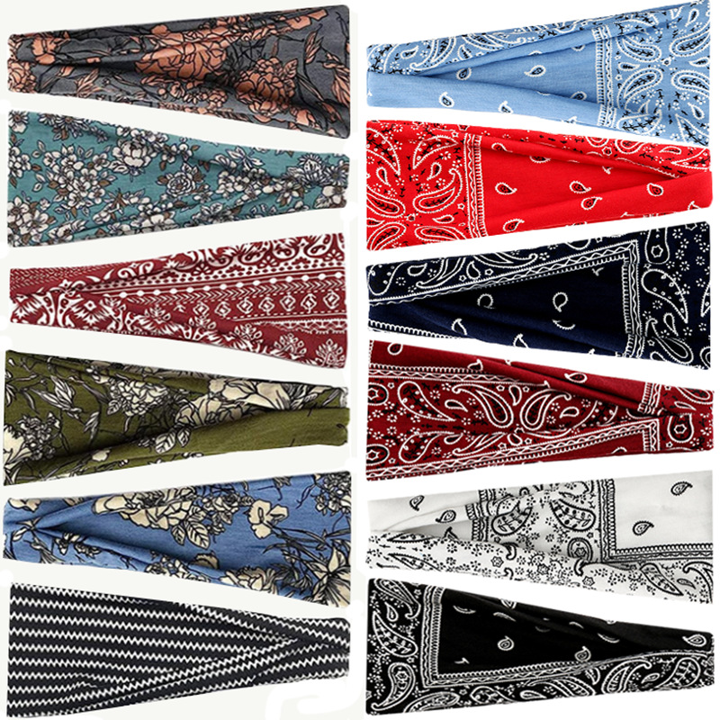 European and American sports hair band women's yoga print elastic hair band Amazon bohemian wide-brimmed turban hair accessories