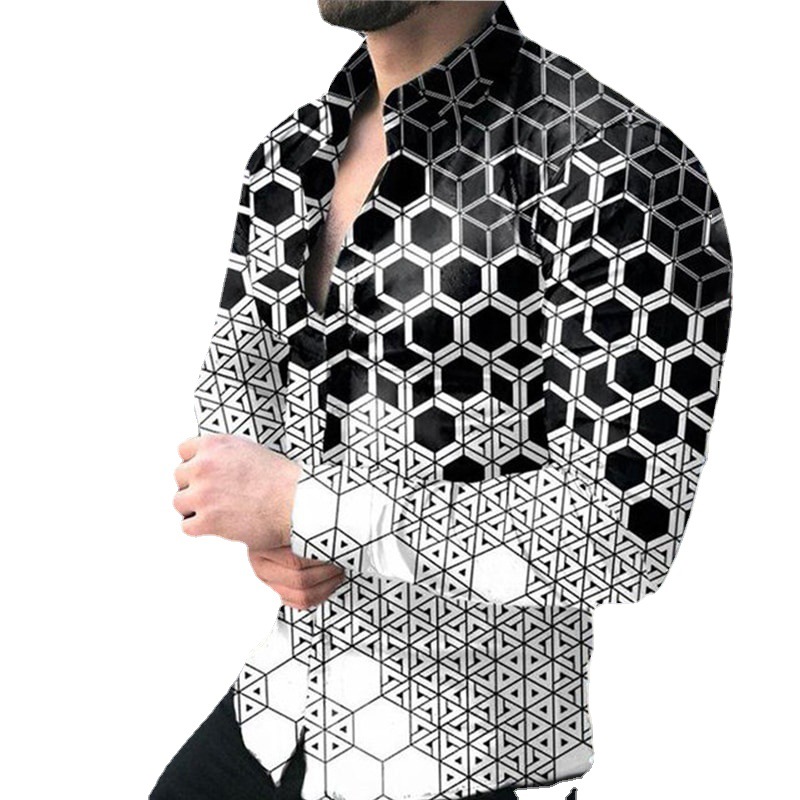Foreign Trade European and American Men's New Autumn Casual Personality Trendy Men's Long-sleeved Printed Shirt Large Size Shirt for Men