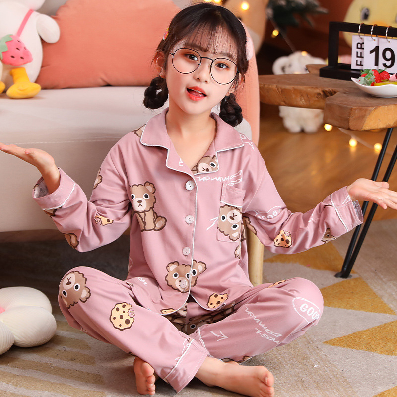 Southeast Asia Spring and Autumn Children's Pajamas Women's Imitation Cotton Cardigan Long Sleeve Cartoon Printed Sweet Home Clothes for Kids
