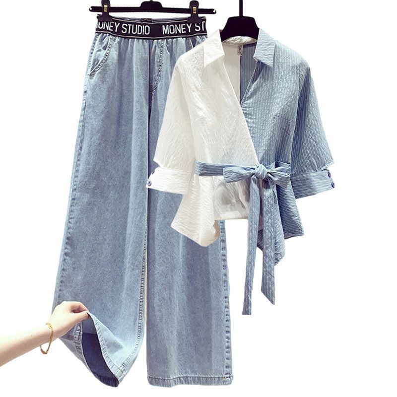 2024 European and American plus size women's clothing spring suit women's stitching fake two-piece shirt Slimming jeans two-piece set