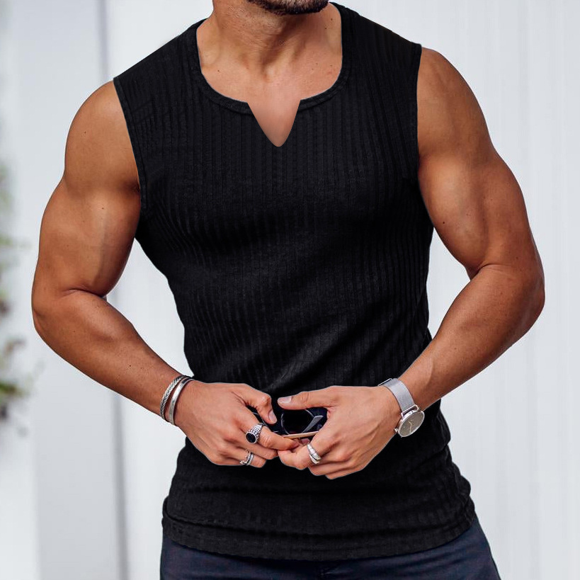 Cross-border Foreign Trade Summer Knitted Vertical Stripe Fitness Sports Slim Vest Men's I-shaped V-neck Wide Shoulder Vest