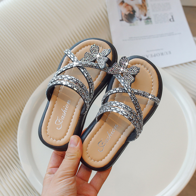 Rhinestone Bow Slippers Girls' 2024 Summer New Style Elegant Princess Style Girls' All-match Set Toe Sandals