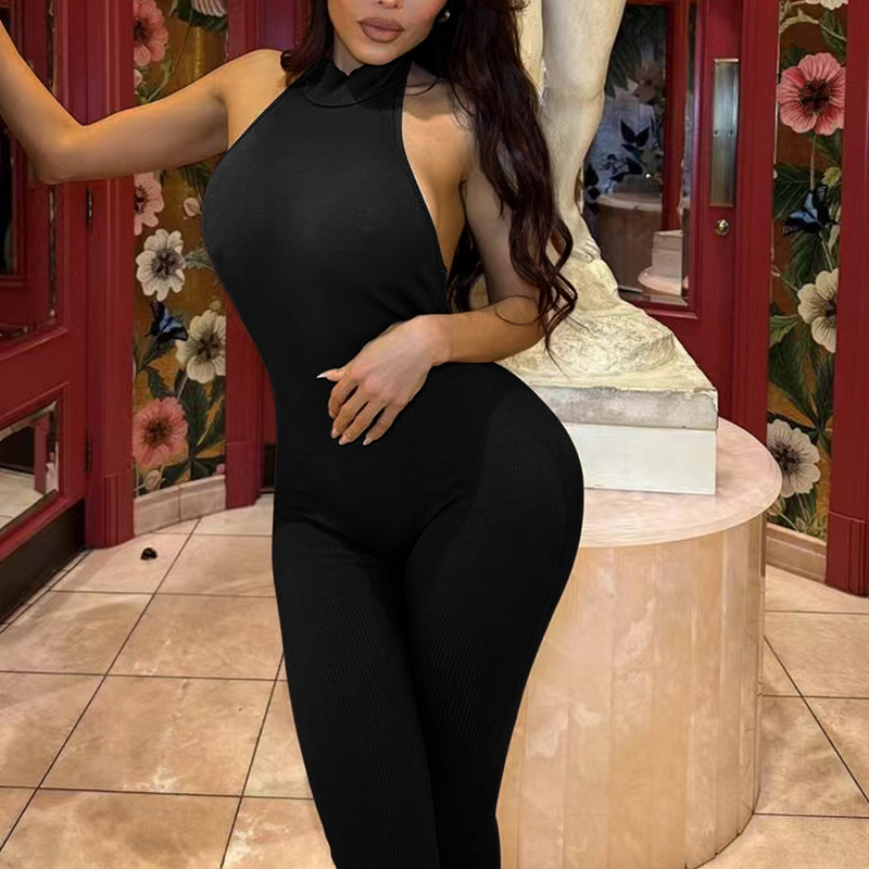 Sexy Hanging Neck Backless Slim-fit High Waist Hip-lift Jumpsuit 2023 Spring European and American Foreign Trade Sports New Women's Wear
