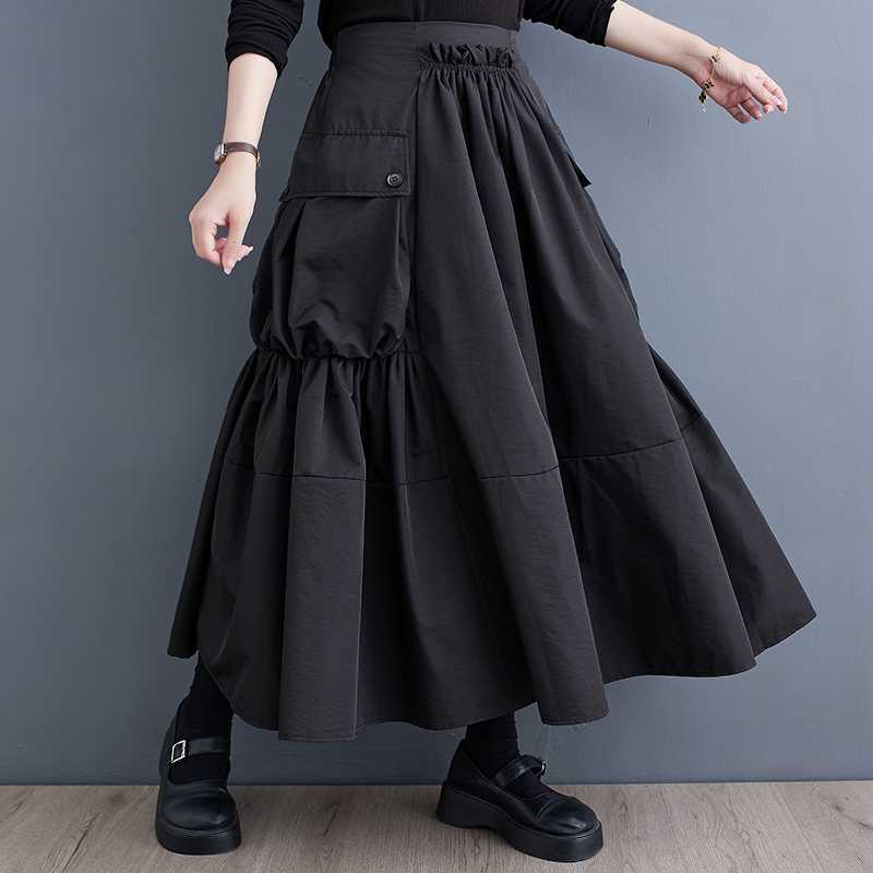 2023 Autumn New Korean style plus size loose slimming workwear large pocket large hem high waist pleated skirt