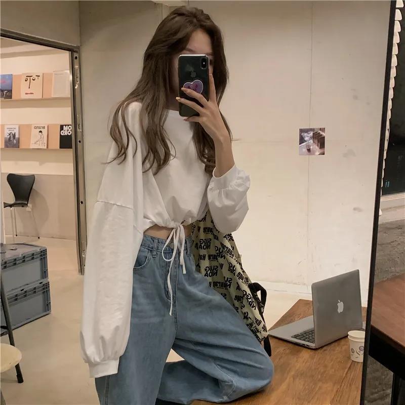 Spring Korean style loose high-waisted short long-sleeved white tops women's T-shirts student trendy ins navel-baring autumn clothes for outer wear