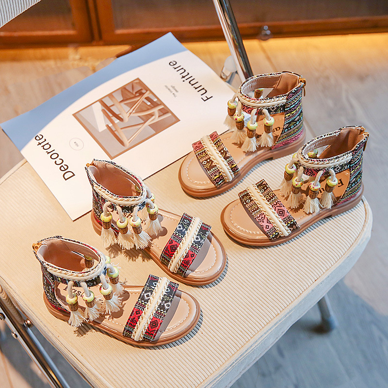 Girls' sandals 2023 Summer new fashion all-match princess shoes ethnic style children's tassel soft sole shoes
