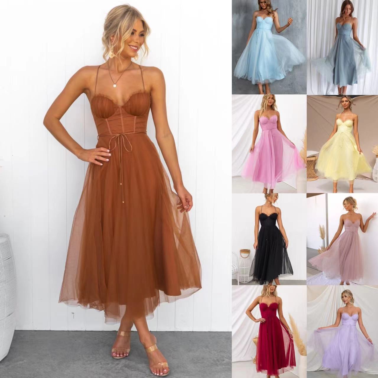 European and American Cross-border 2022 New Independent Station Amazon Elegant Sexy Strap Mesh Party Evening Dress