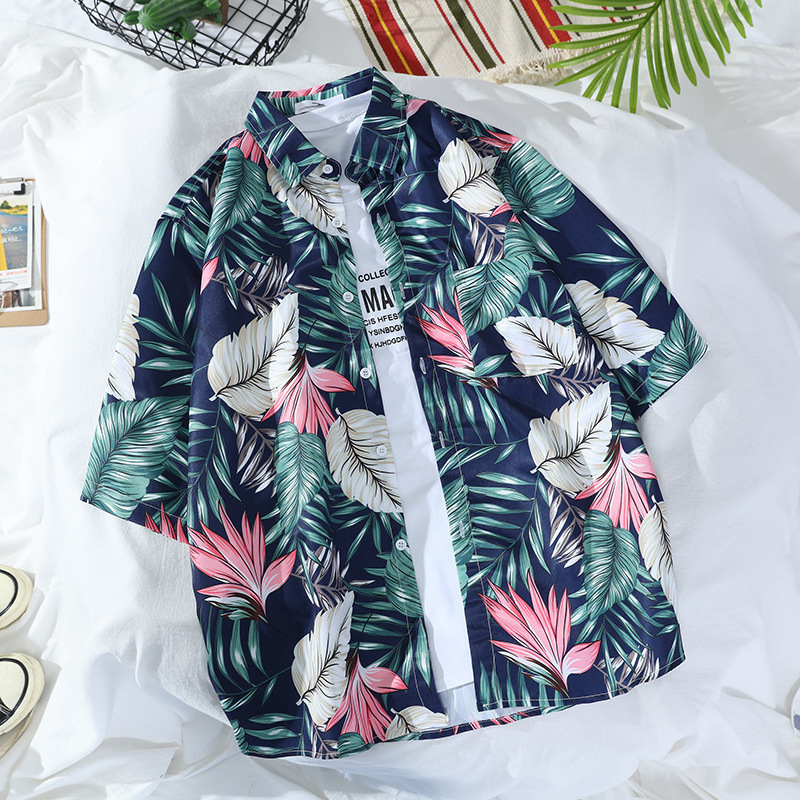 South Korea Vintage Hawaiian Short Sleeve Shirt Men's and Women's Hong Kong Style Chic Loose Couple's Seaside Beach Color Shirt Trendy