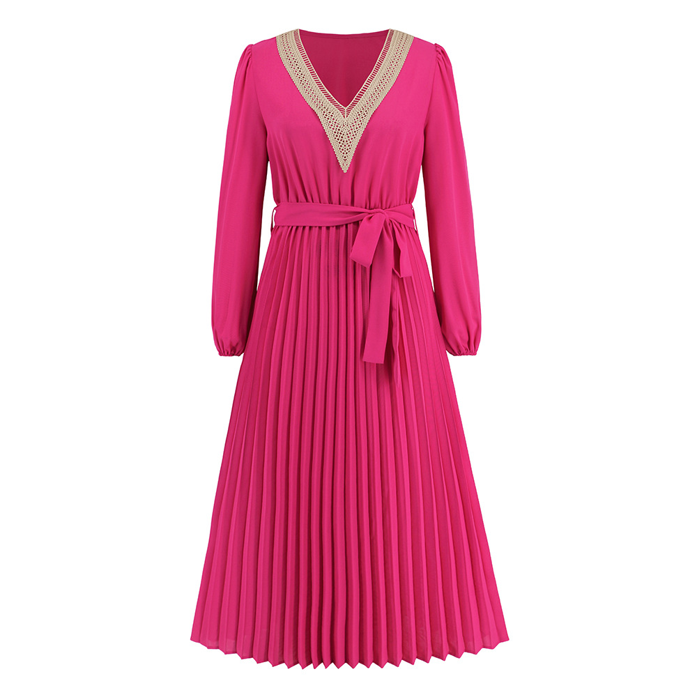 Autumn and winter women's clothing new fashion slim temperament V-neck lace pleated dress mid-length A- line skirt Amazon popular