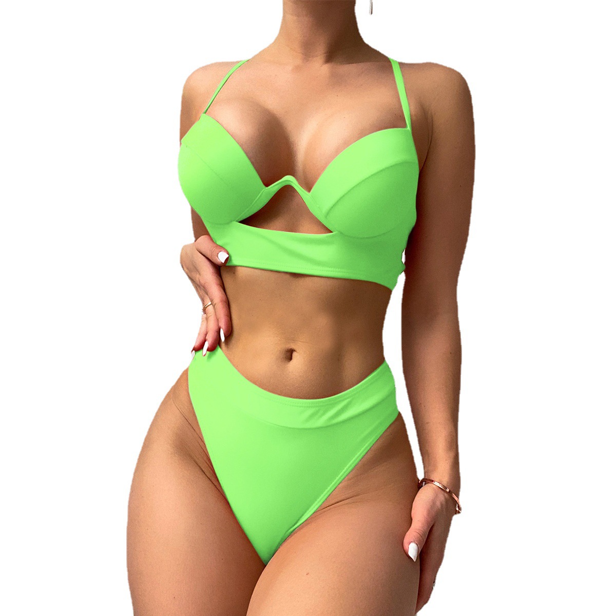 2023 Yixi New Cross-border European and American Women's Swimsuit with Steel Tracer Hard Bag Nylon Solid Color Hollow-out Sexy Bikini