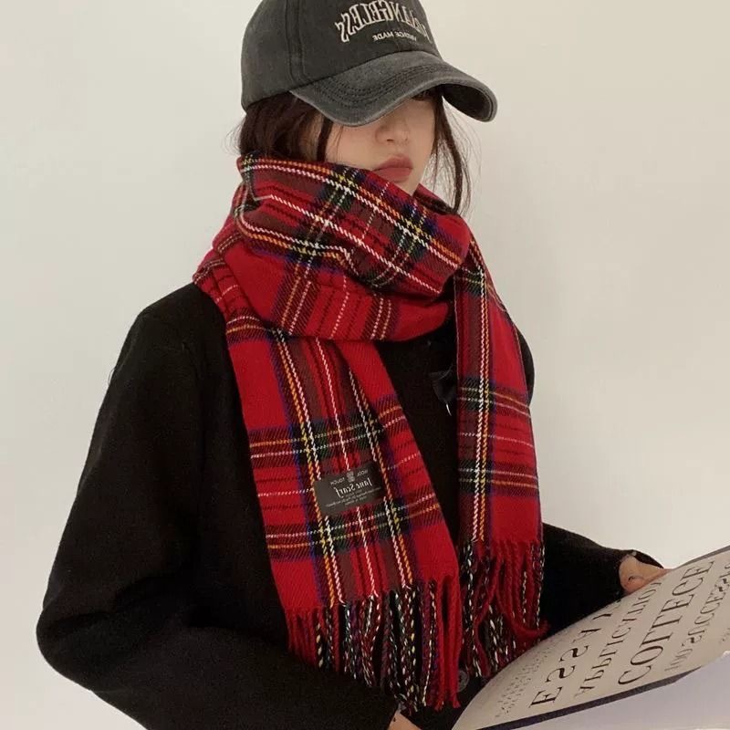 Red Scarf women's winter Korean-style Plaid all-match warm high-grade trendy new year gift Christmas scarf shawl