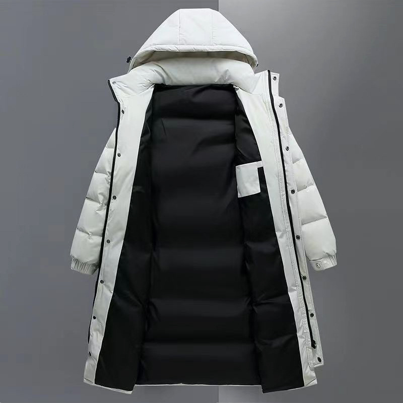 Winter outdoor long down jacket men's over-the-knee hooded white duck down youth mountaineering jacket student school uniform warm clothes