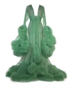 Europe and the United States sexy feather perspective nightgown sexy underwear horn sleeve tail dress manufacturers straight hair