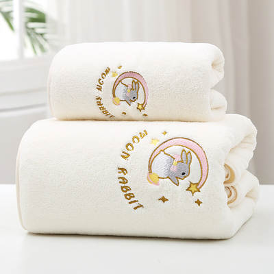 Wholesale bath towel female coral fleece thickened adult absorbent household non-pure cotton beach towel high-end bath towel embroidered moon rabbit