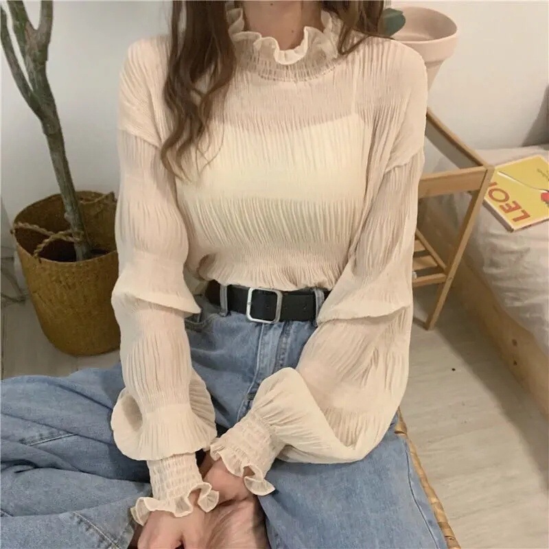 Western Style Super Fairy Loose Belly-Covering Chiffon Shirt Women's Spring and Autumn Half-High Collar Pleated Mesh Base Stacked Top for Women