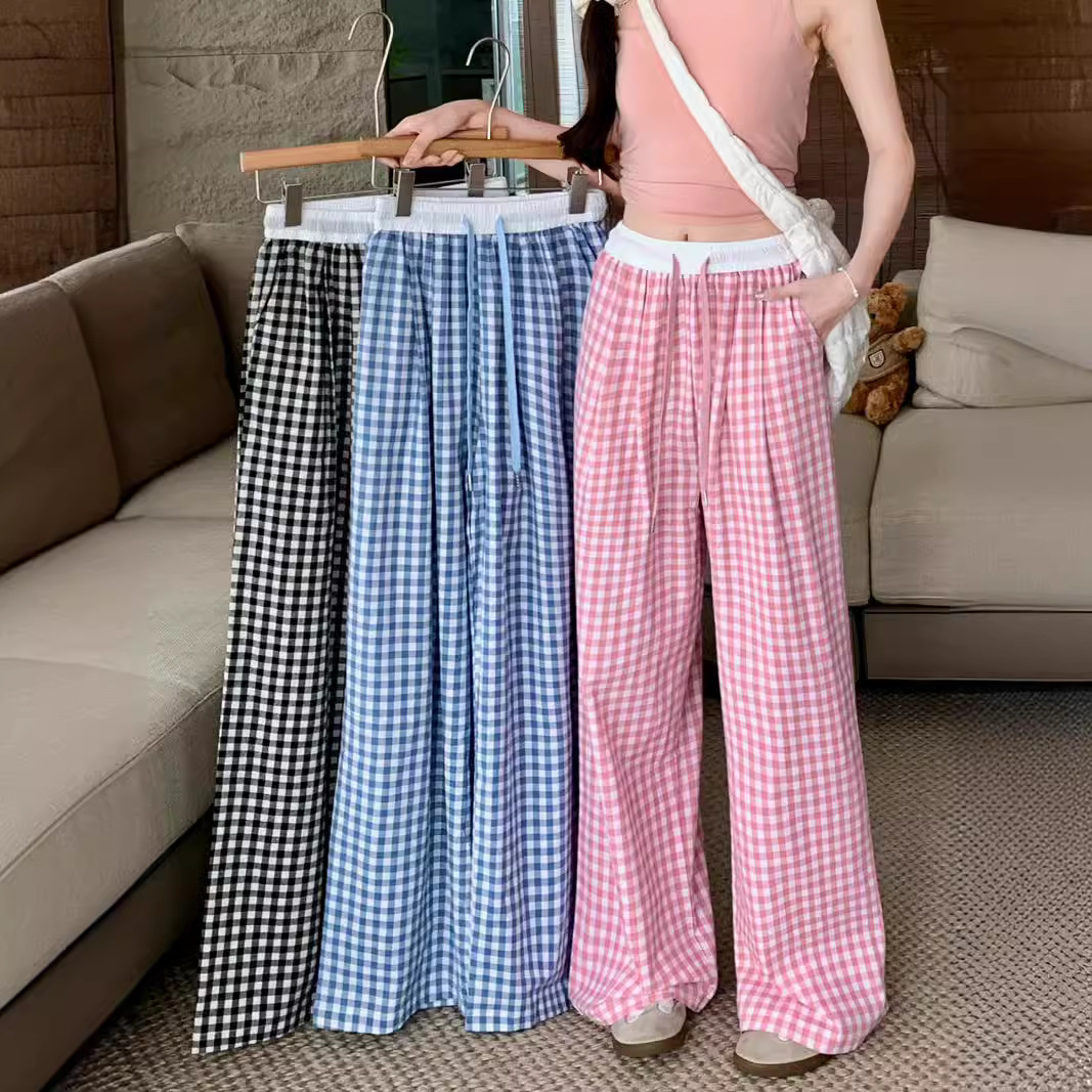 2024 Plaid Straight Casual Pants Women's High Waist Drawstring Wide Leg Pants Summer Dipping All-match Mop Pants