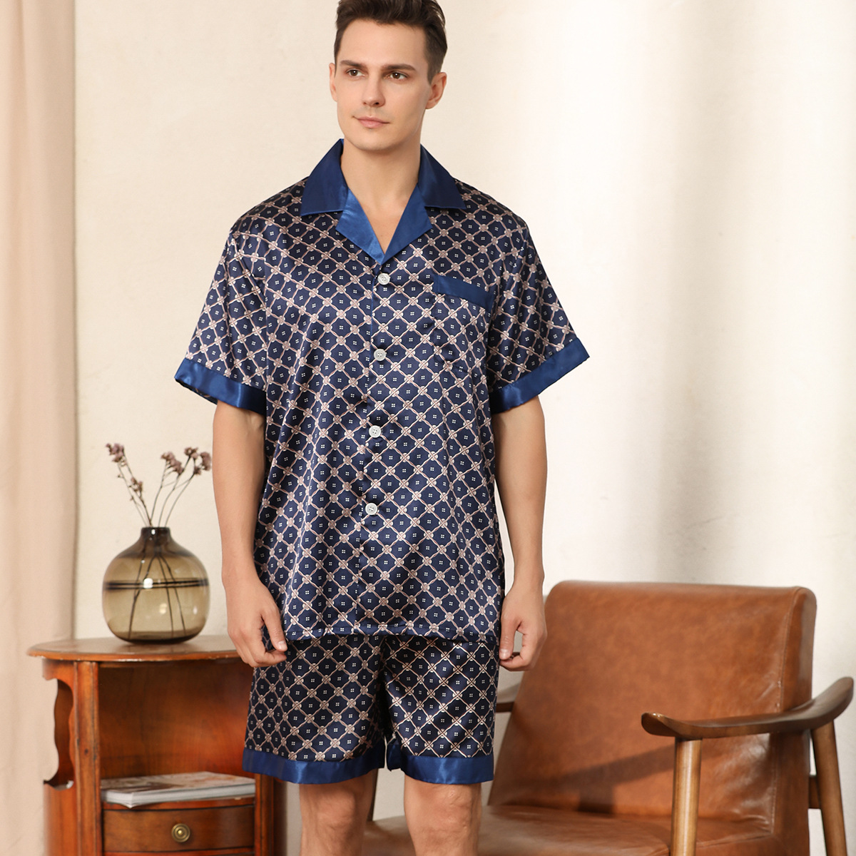 Cross-border European Size Men's Summer Printed Short-sleeved Shorts Pajamas Men's Summer Silk Home Clothes Men's Suit Ice Silk