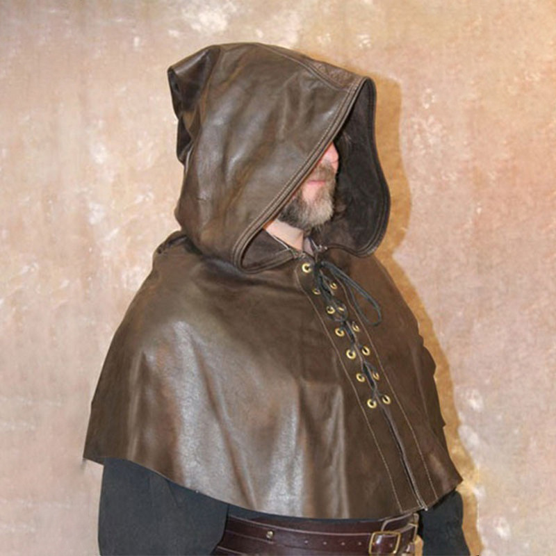 European and American men PU leather hat hunter hooded shawl retro medieval renaissance cape hat witch hat