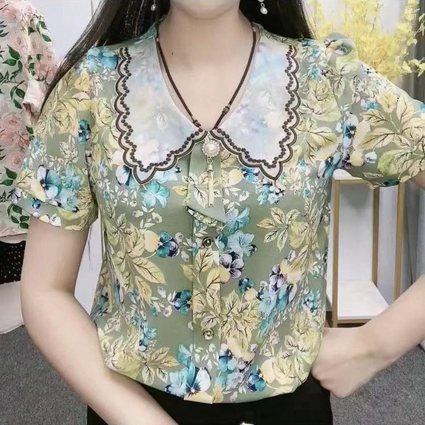 2024 Summer new small floral chiffon shirt women's summer design top doll collar short sleeve floral shirt