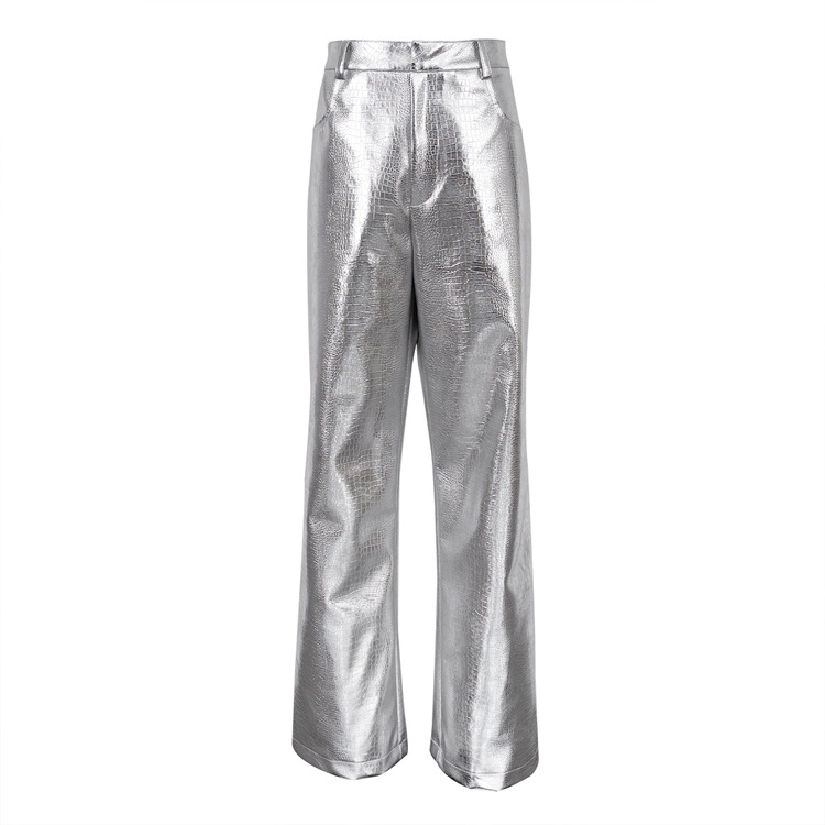 INS European and American style 2023 new autumn and winter silver PU leather pants fashion scale pattern high waist long straight pants for women