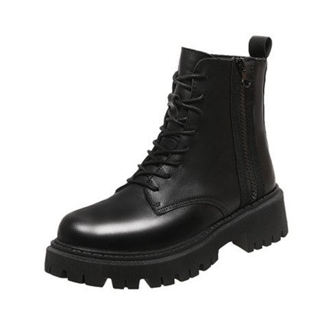 British Midi Boots Martin Boots 2021 Black Handsome Short Boots PU Front Lace-Up Round Toe Low Heel Thick Single Boots