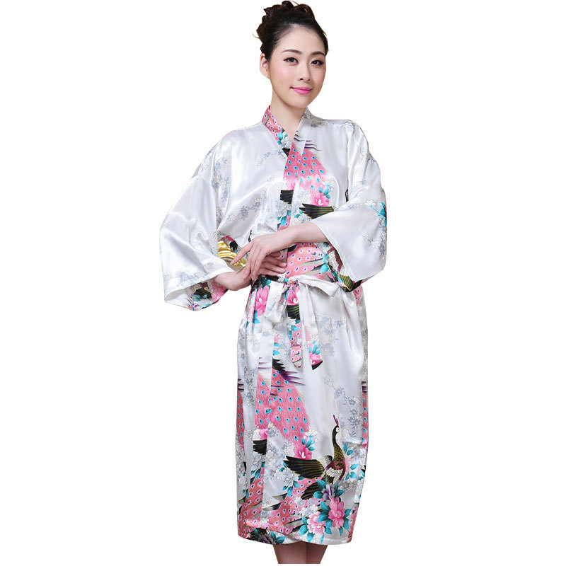 Factory Direct Supply Imitation Silk Peacock Nightgown Bathrobe Long Printed Summer Sexy Loose Large Size Lace-up Japanese Kimono