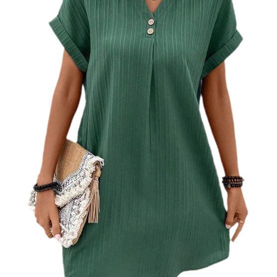 Cross-border European and American Women's 2023 New Amazon V-neck Solid Color Pullover Comfortable Casual Button Dress