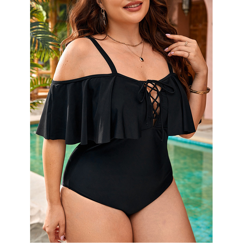 Europe, America and Canada plus size Russia conjoined tether ruffled classic black swimsuit Amazon cross-border women's swimsuit