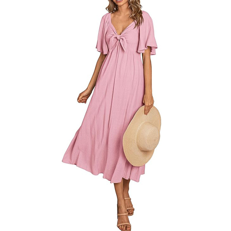 Amazon new 2024 summer women's short sleeve bow V-neck pleated long elegant dress
