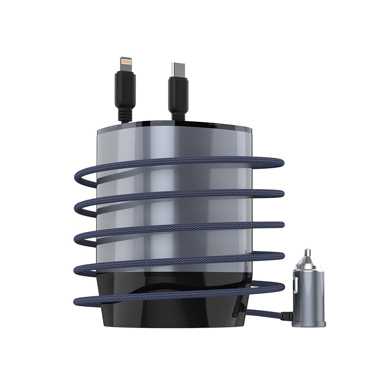 Cup-type car charger comes with two telescopic wires, digital display and atmosphere lamp, super fast charging 100W with deodorizing bag
