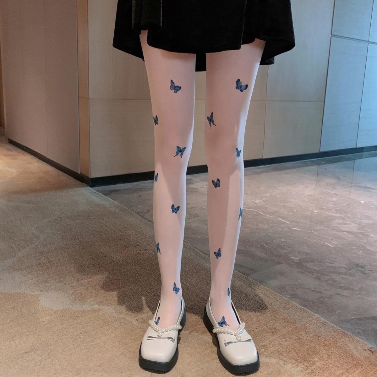 Nowy styl Białe Pure Desire jk Lori Silk Pończochy Fairy Blue Butterfly Printed Czarne Jedwabne Cienkie Spodnie Bazowe dla Kobiet_voghion.com
