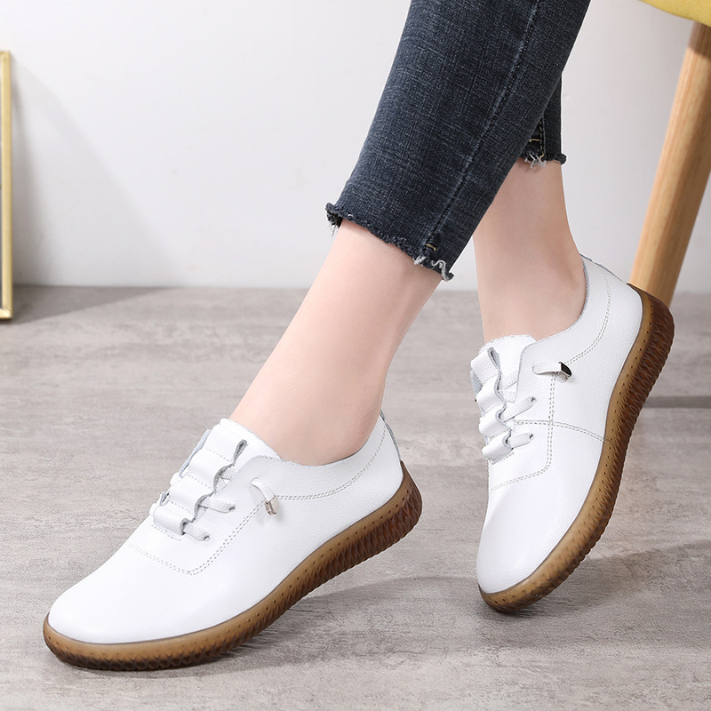 Women's white shoes with tendon sole cowhide comfortable soft bottom flat shoes for pregnant women fleece-lined casual women's casual shoes