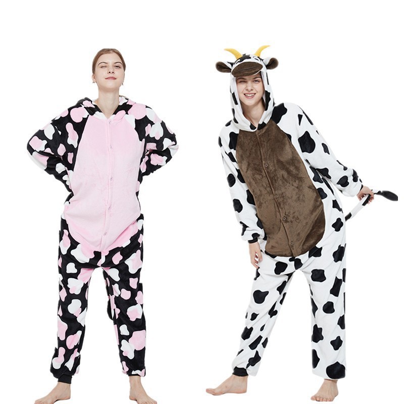 Powder cow new pajamas flannel cartoon animal conjoined pajamas couples performance funny home clothes mixed batch
