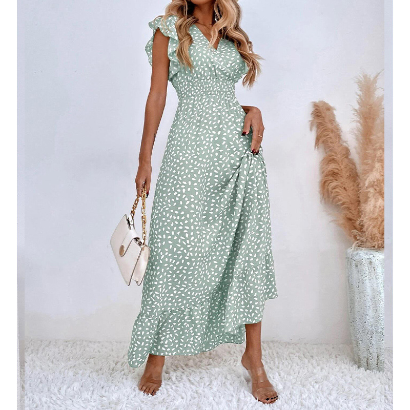 2023 European and American Women's Clothing Spring and Summer New Amazon Cross-border V-neck Tight Waist Long Dress Ruffled Elegant Dress for Women